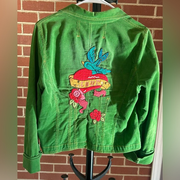 🌹 Ivy Jane Green Corduroy Embroidered Blazer Jacket Boho Western Love‎ Bird M - Picture 5 of 9